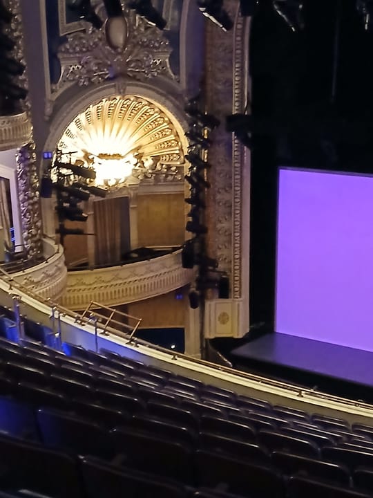 The Palace Theatre's restored auditorium seen from a balcony box during a performance of Glengarry Glen Ross, June 2025.