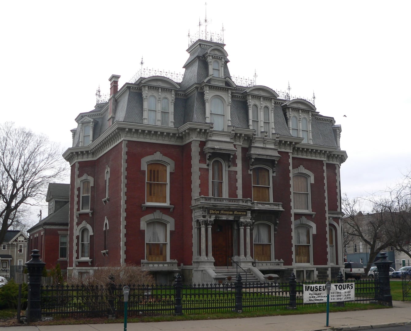 The 1870 Second Empire brick and stone Phelps Mansion Museum on Court Street in Binghamton, New York