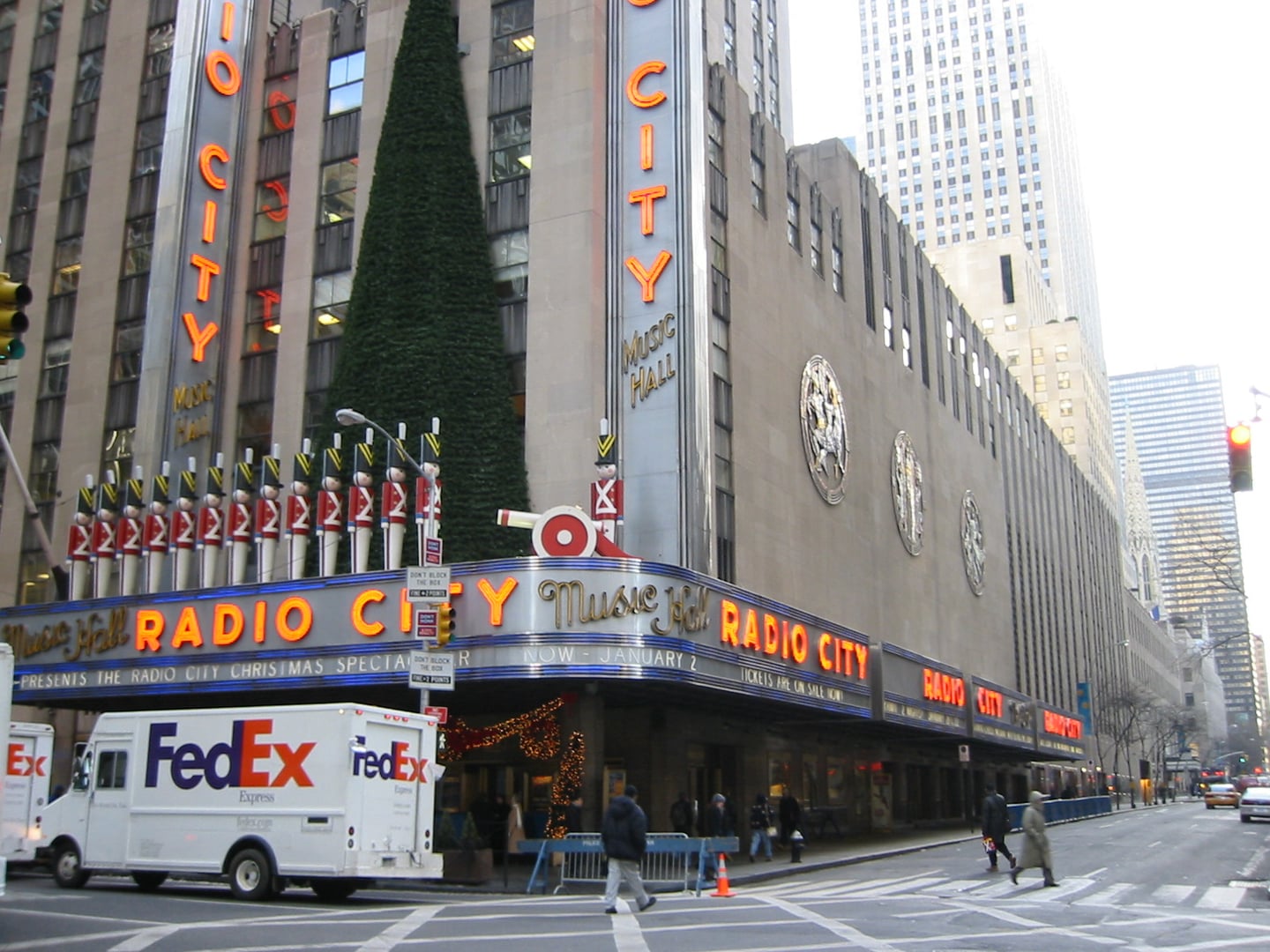 Exterior of Radio City Music Hall at 1260 Avenue of the Americas in Midtown Manhattan, viewed from 50th Street