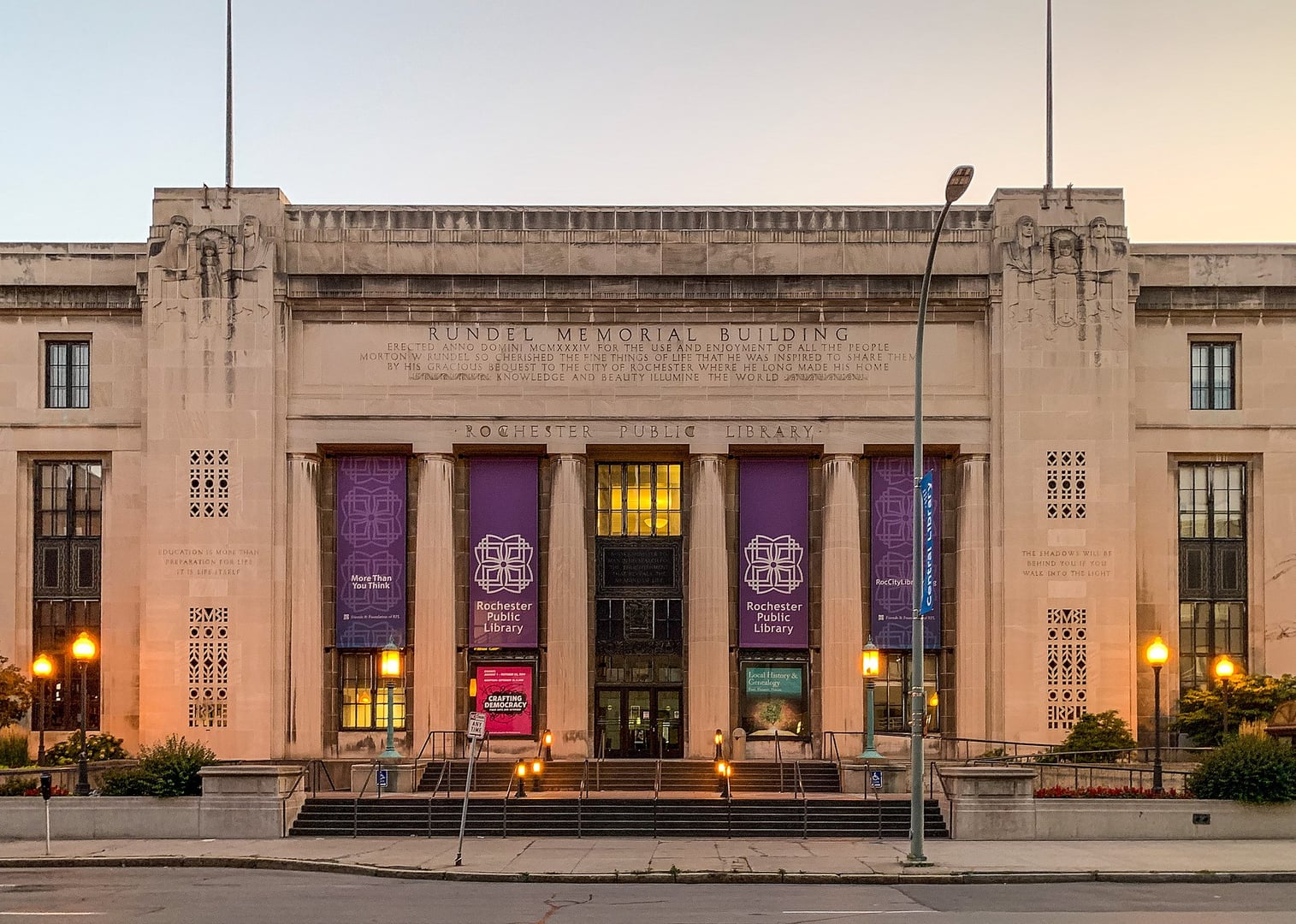 Front exterior of the Rundel Memorial Library, Rochester's 1936 Beaux-Arts/Art Deco central library on South Avenue in Monroe County, New York.