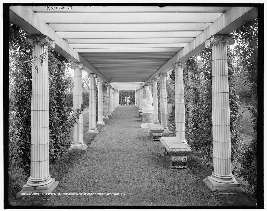 The colonnaded pergola in Yaddo's rose garden, Saratoga Springs, N.Y., photographed in the early twentieth century.
