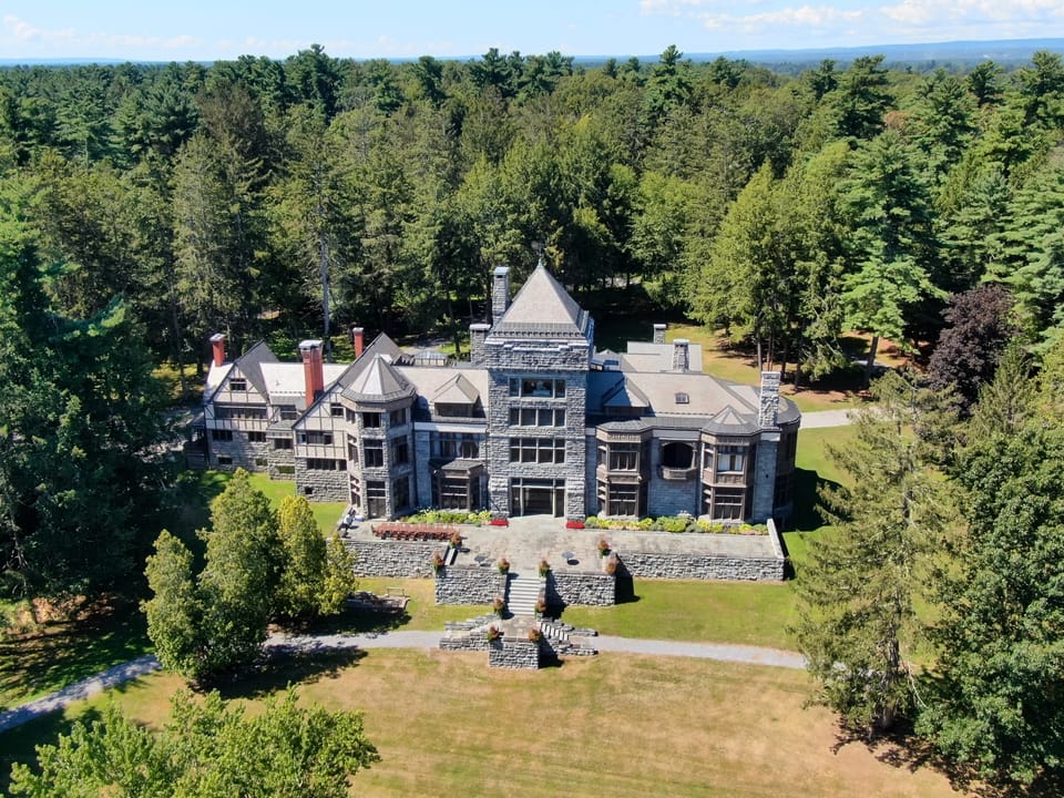 Aerial view of the Yaddo mansion and its surrounding forest, Saratoga Springs, N.Y., 2025.