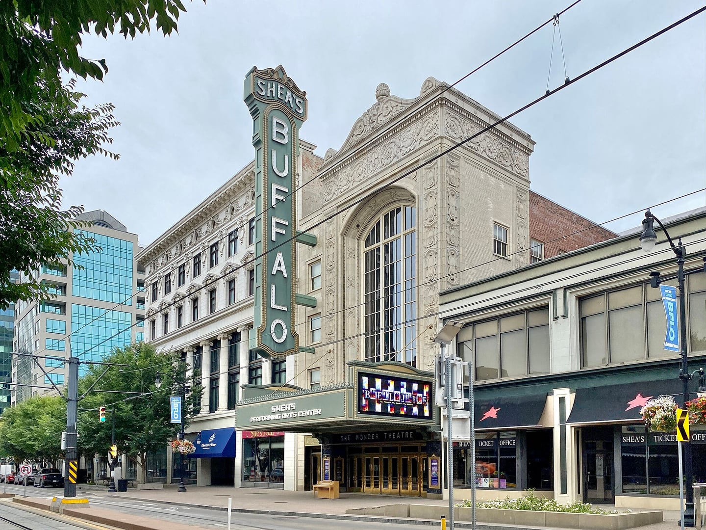 Marquee and ornate facade of Shea's Buffalo Theatre on Main Street in downtown Buffalo, a 1926 Rapp and Rapp movie palace