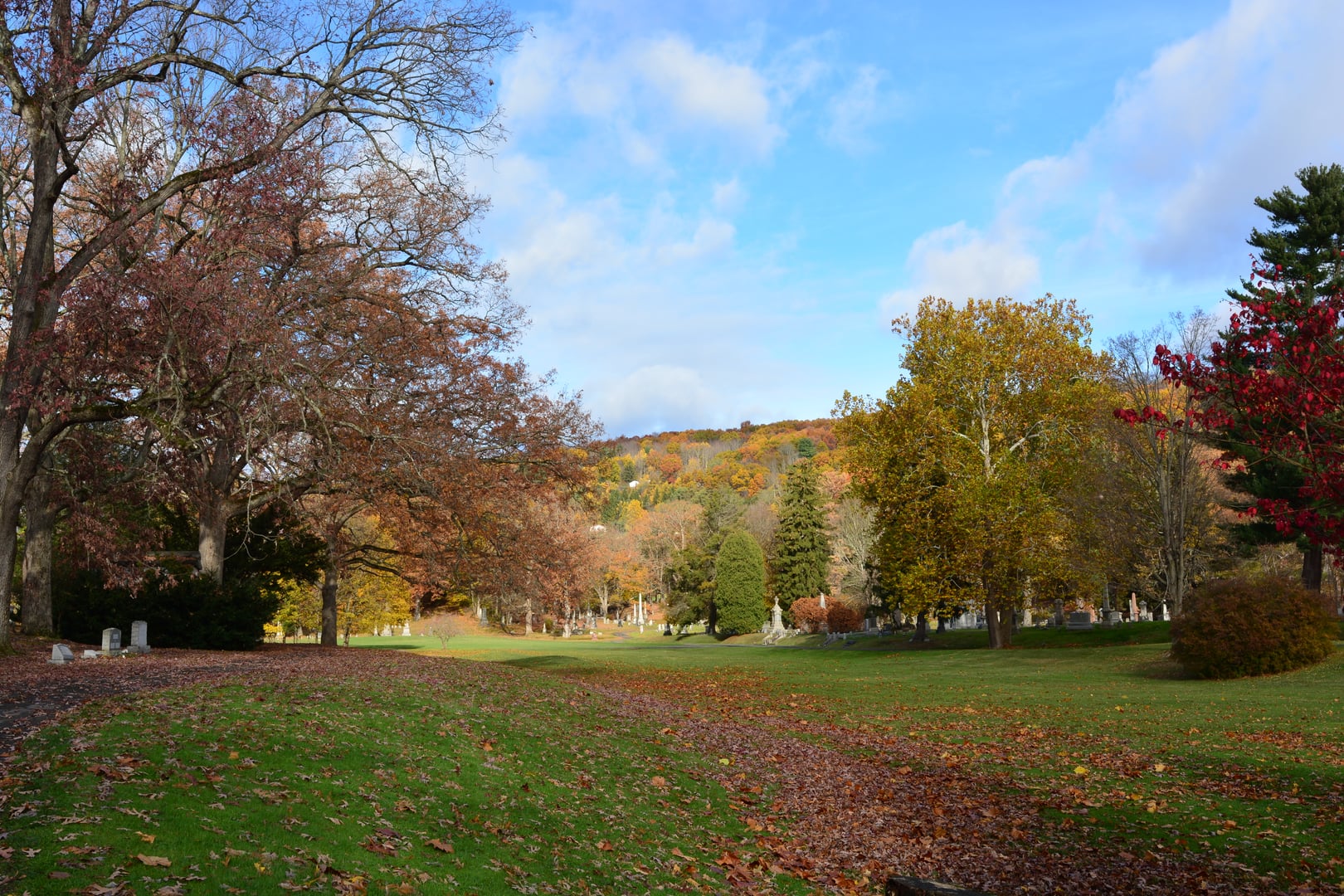 Monuments and rolling grounds at Spring Forest Cemetery in Binghamton, New York