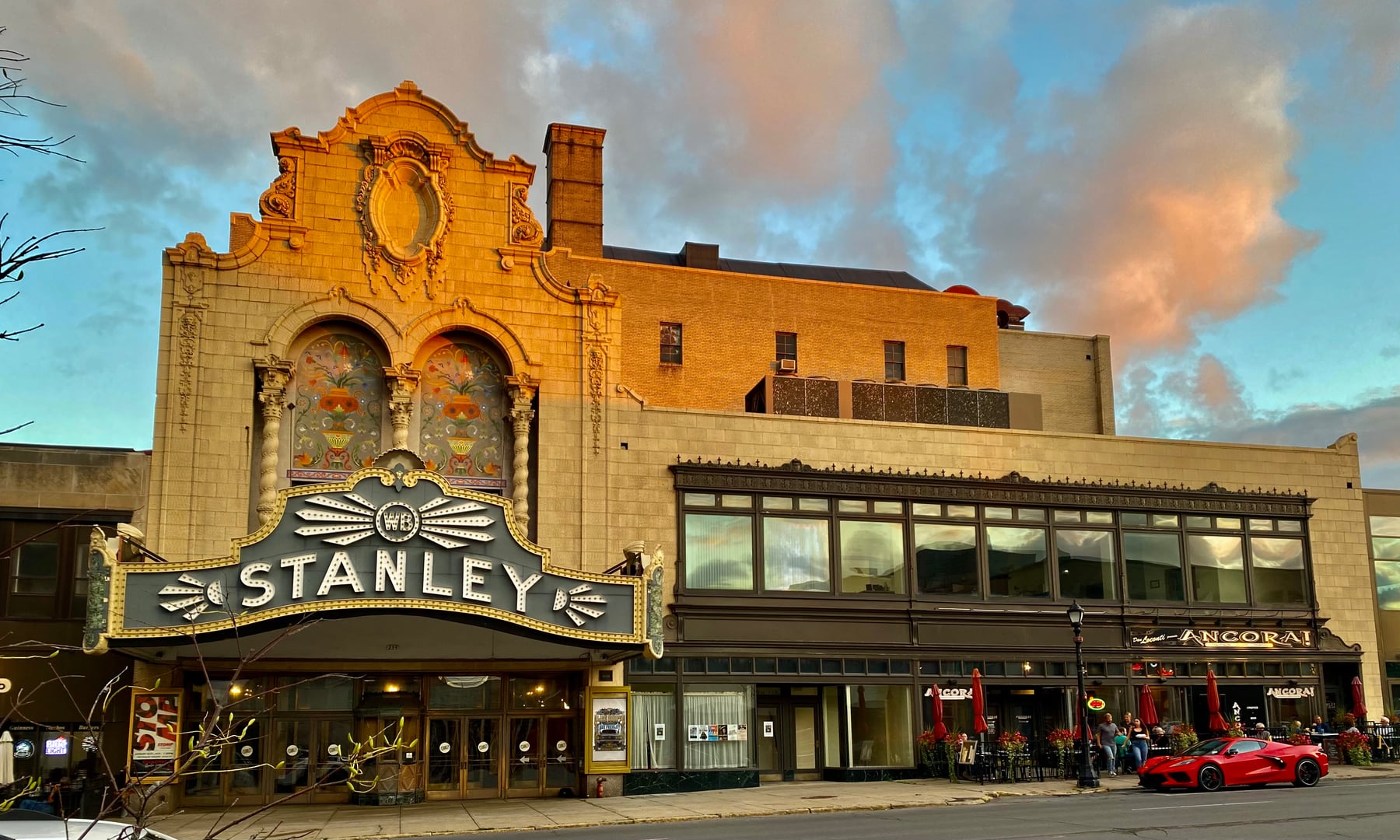Stanley Theater facade at 261 Genesee Street, Utica, New York — 1928 Spanish Baroque movie palace