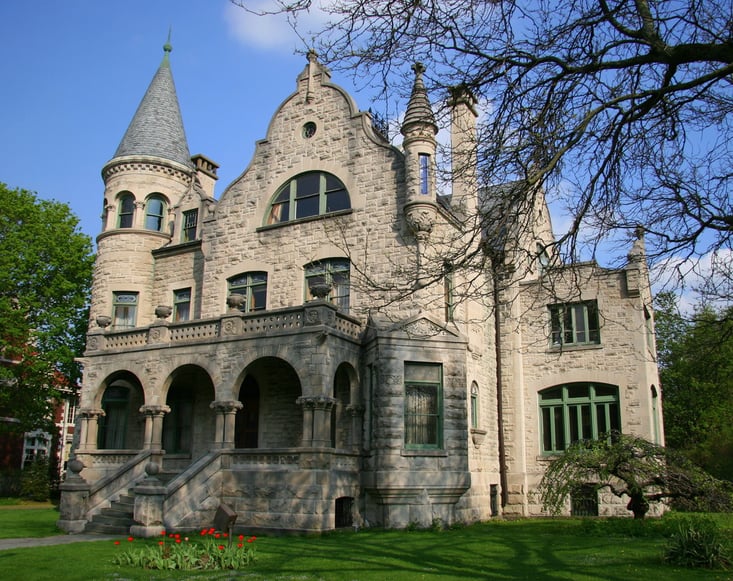 The 1890 House Museum at 37 Tompkins Street, Cortland NY — exterior view of Chester Wickwire's Victorian stone mansion, photographed July 4, 2018
