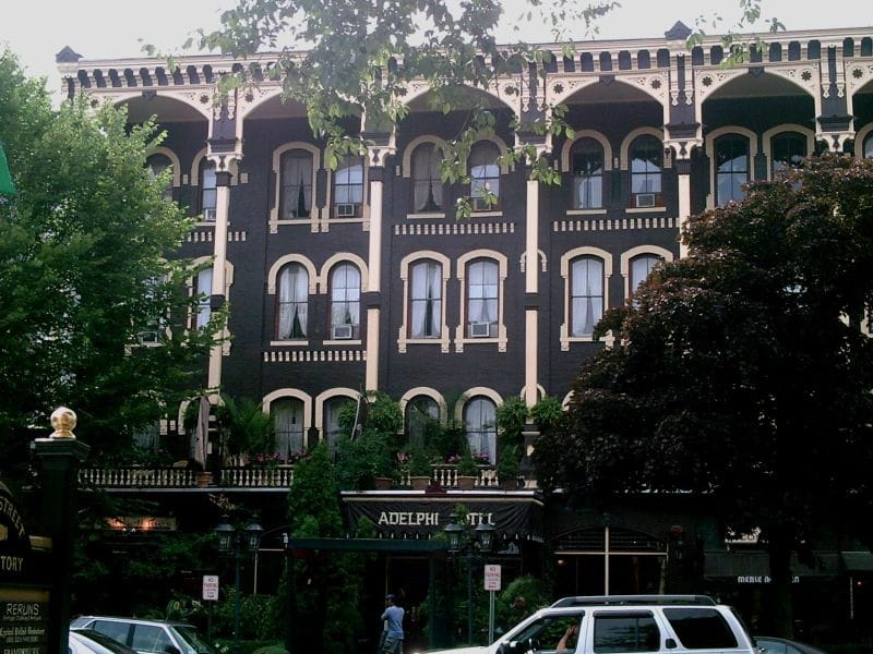 Adelphi Hotel facade in Saratoga Springs New York, 1877 Gilded Age Broadway hotel