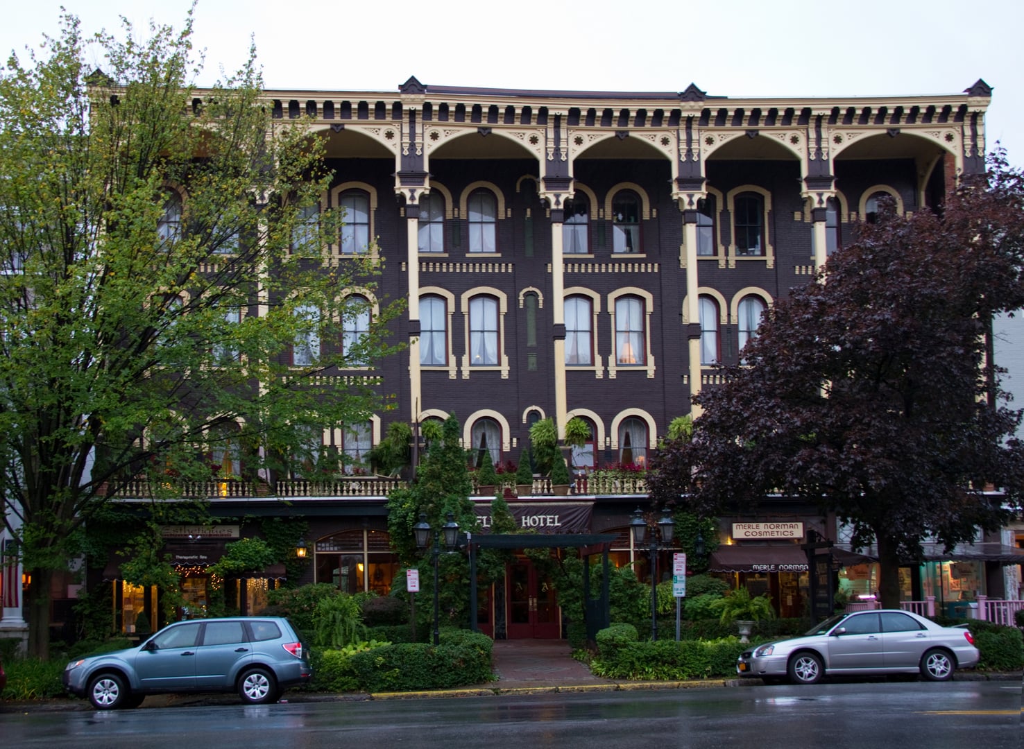 Adelphi Hotel facade in Saratoga Springs New York, 1877 Gilded Age Broadway hotel