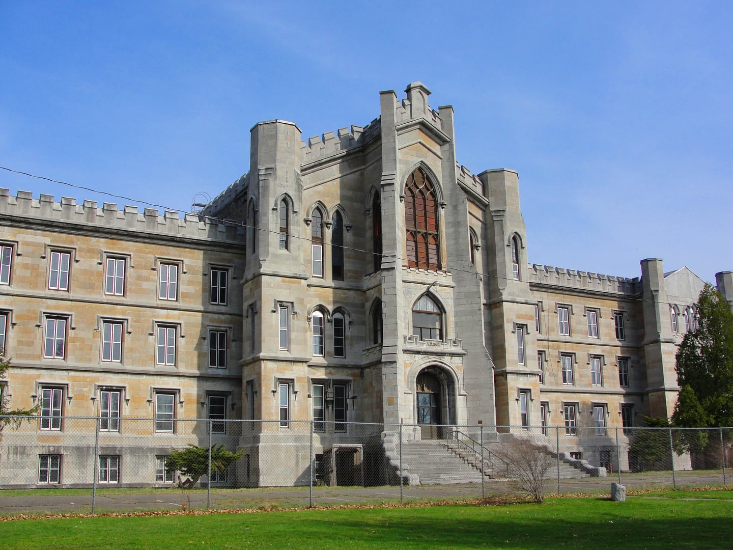 Gothic Revival limestone facade of the New York State Inebriate Asylum, the Castle, in Binghamton