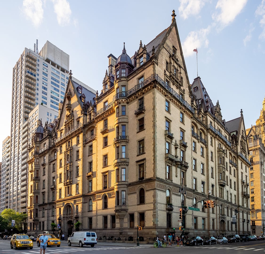 Exterior of The Dakota apartment building at 1 West 72nd Street, Manhattan, as seen from Central Park West on the Upper West Side