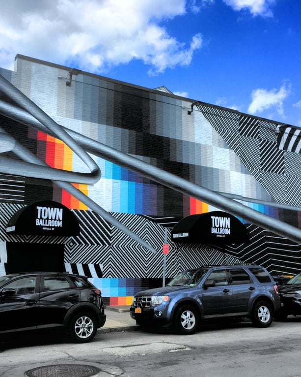 Town Ballroom exterior on Main Street in Buffalo's Theater District, showing the venue's marquee and updated facade