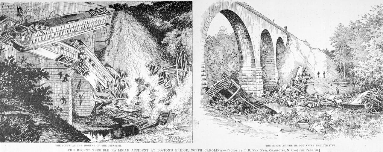 Locomotive and wooden passenger car wreckage at the base of Bostian Bridge over Third Creek near Statesville, North Carolina, after the August 1891 train disaster