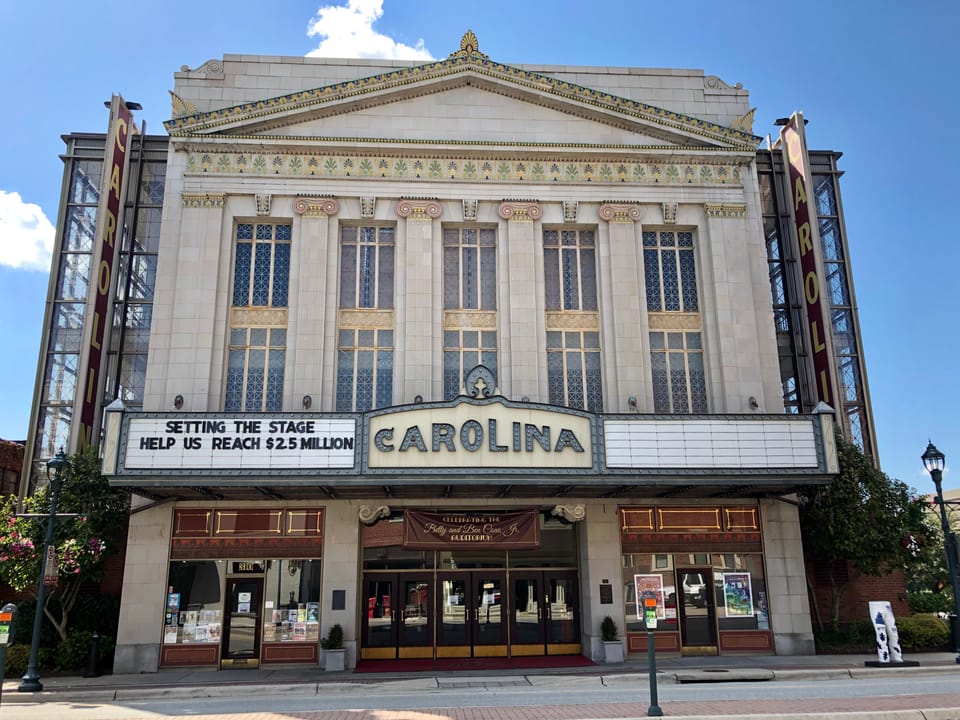 Marquee and facade of the Carolina Theatre in downtown Greensboro, North Carolina