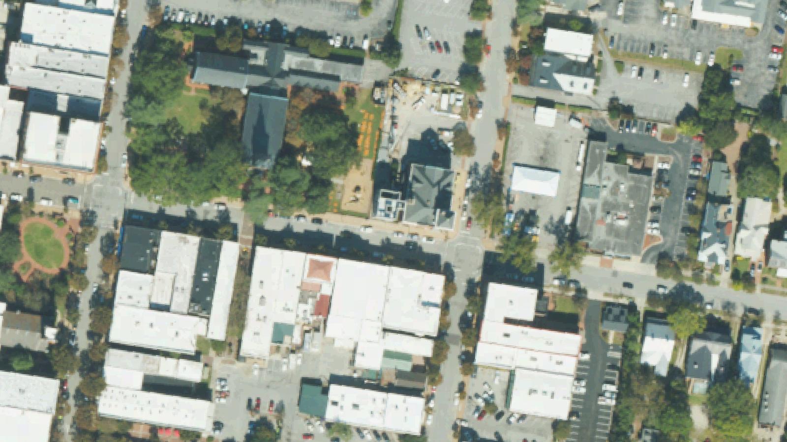 Aerial survey view of Christ Episcopal Church and Graveyard