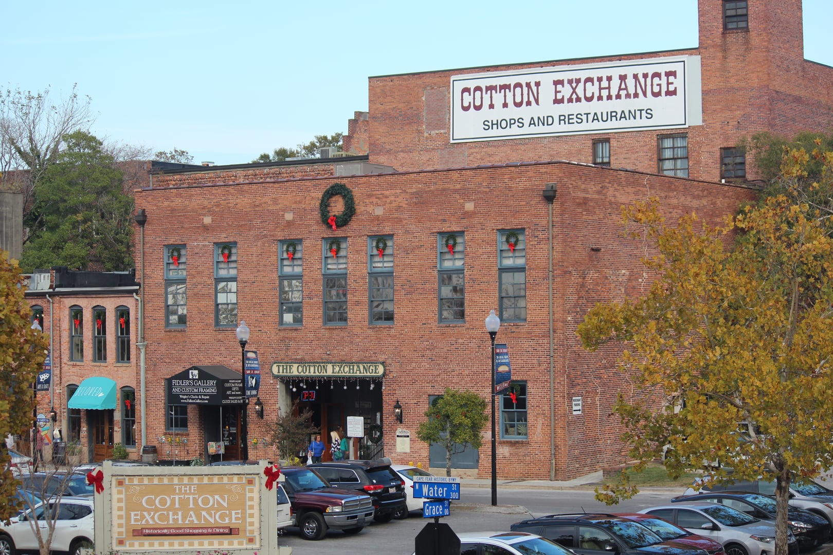 Brick exterior of The Cotton Exchange complex on North Front Street in downtown Wilmington, North Carolina.