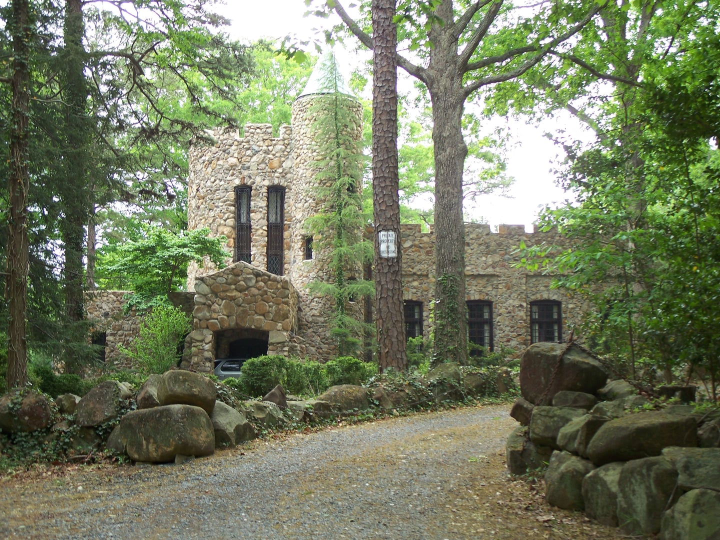 Fieldstone exterior of Gimghoul Castle on Point Prospect in Chapel Hill, North Carolina, the 1926 meeting lodge of the University of North Carolina secret society the Order of Gimghoul.