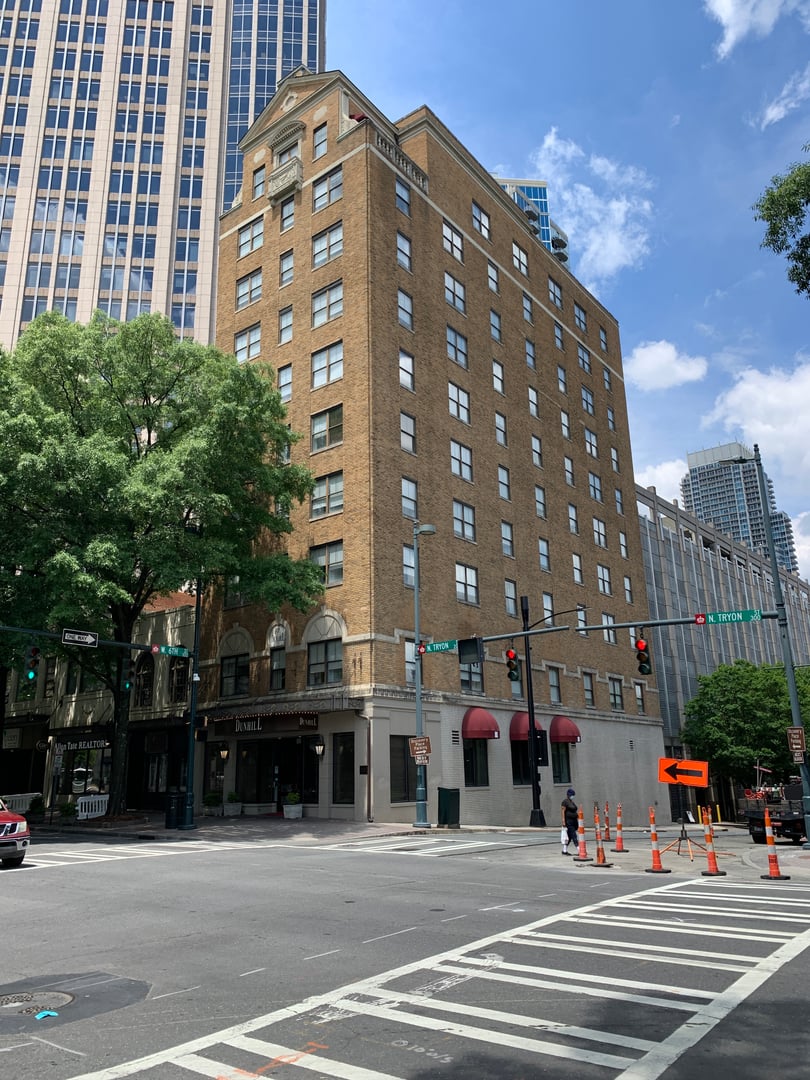 Facade of the 1929 Dunhill Hotel at 237 North Tryon Street in Uptown Charlotte, North Carolina.