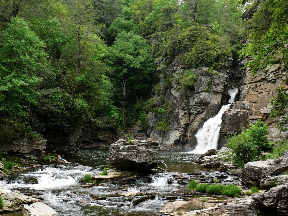 Linville Falls, as seen from just downstream on the Linville River in the Linville Gorge.Photo taken with a Panasonic Lumix DMC-FZ50 in Burke County, NC, USA.