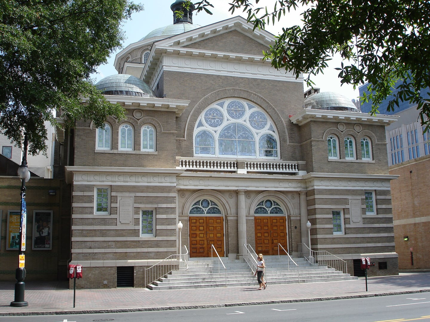 Exterior of Spirit Square Center for the Arts — the 1909 former First Baptist Church building in downtown Charlotte, North Carolina, now home to the Loonis McGlohon Theatre
