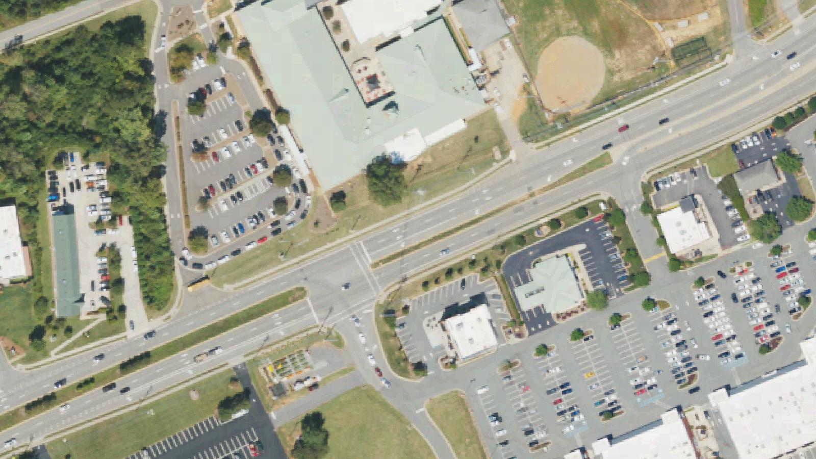 Aerial survey view of Mooresville High School Old Gymnasium