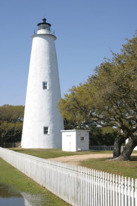 The whitewashed brick tower of Ocracoke Light, North Carolina's oldest operating lighthouse