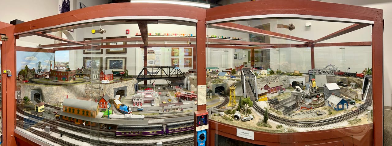 A model railroad layout on display inside the Wilmington Railroad Museum.