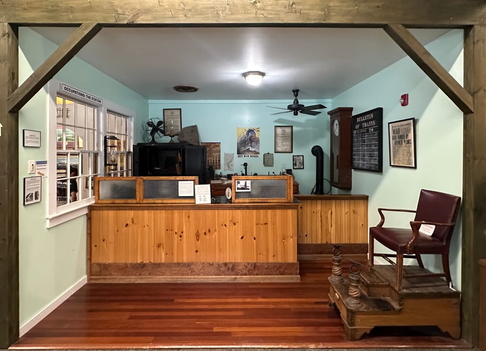 A re-created early-20th-century ticket and waiting room exhibit inside the Wilmington Railroad Museum.
