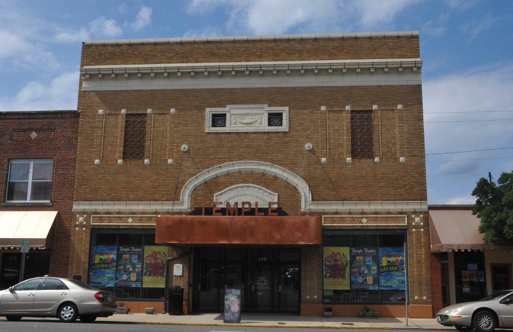 Exterior of the Temple Theatre at 120 Carthage Street in Sanford, North Carolina, a 1925 Art Deco and Colonial Revival vaudeville house.