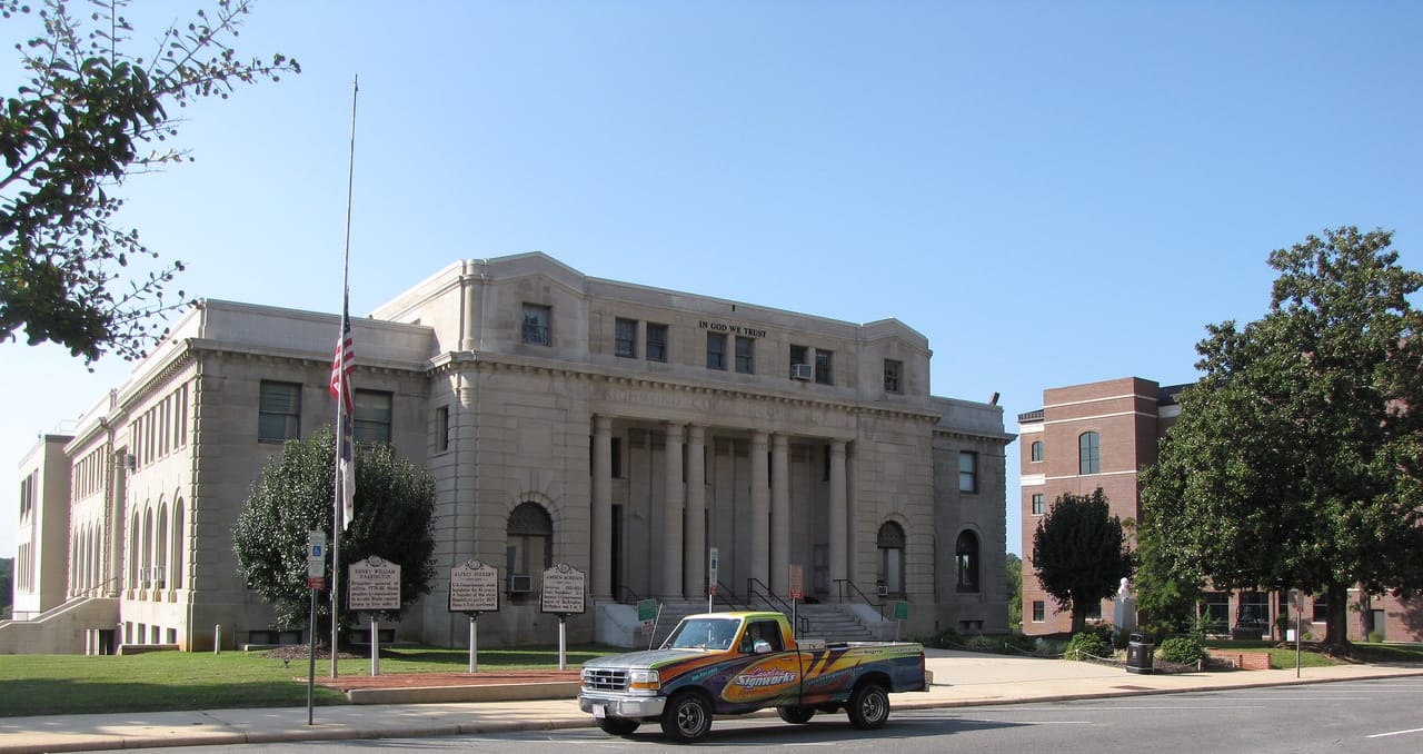 The Richmond County Courthouse at W. Franklin and S. Hancock streets, uptown Rockingham, on a Sunday morning, September 2022.