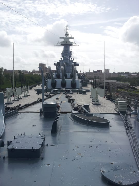 The superstructure, mast and conning tower of the USS North Carolina seen along the main deck, Wilmington, North Carolina.
