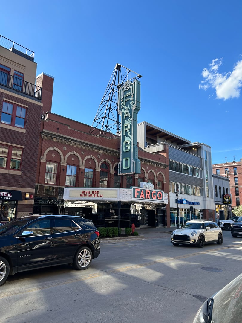 The Art Deco marquee and facade of the Fargo Theatre on Broadway in Fargo, North Dakota