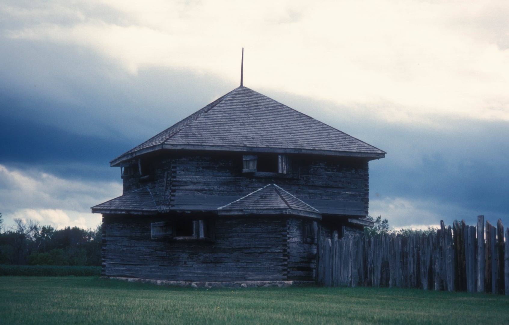Reconstructed stockade and blockhouse at Fort Abercrombie State Historic Site, the 1857 frontier post on the Red River in Abercrombie, North Dakota.