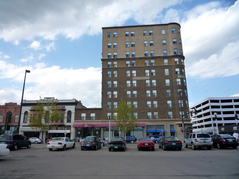 The 1911 Patterson Hotel building in downtown Bismarck, North Dakota, with the former Peacock Alley restaurant space on the ground floor.