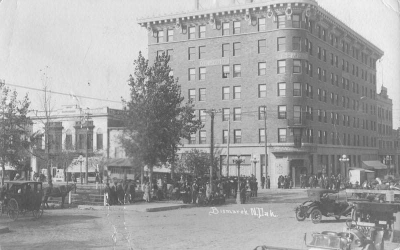 The McKenzie Hotel, later the Patterson Hotel, at the northwest corner of 5th Street and Main Avenue in Bismarck, on a photographic postcard dated 1911.