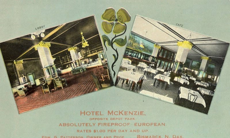 A Hotel McKenzie advertising postcard with views of the hotel's lobby and cafe, from the 1910s or early 1920s; the building later became the Patterson Hotel.