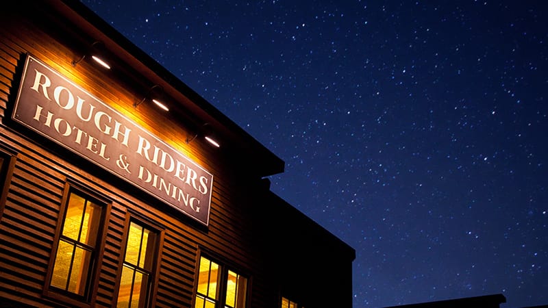 The 1884 Rough Riders Hotel facade in historic Medora, North Dakota