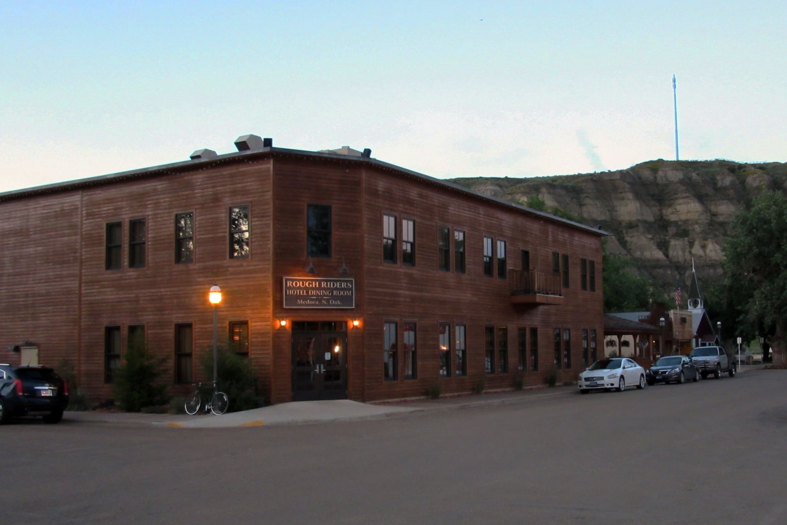 The 1884 Rough Riders Hotel facade in historic Medora, North Dakota