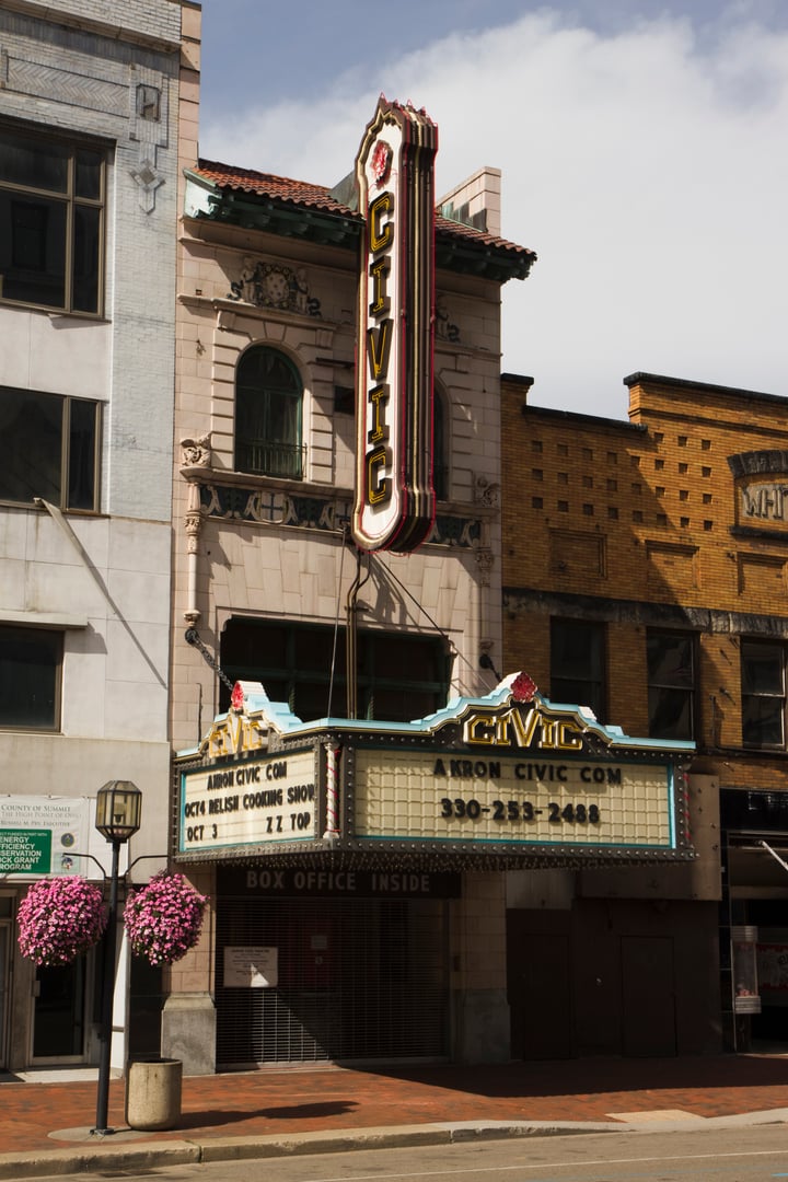 Exterior of the Akron Civic Theatre marquee and facade in downtown Akron, Ohio
