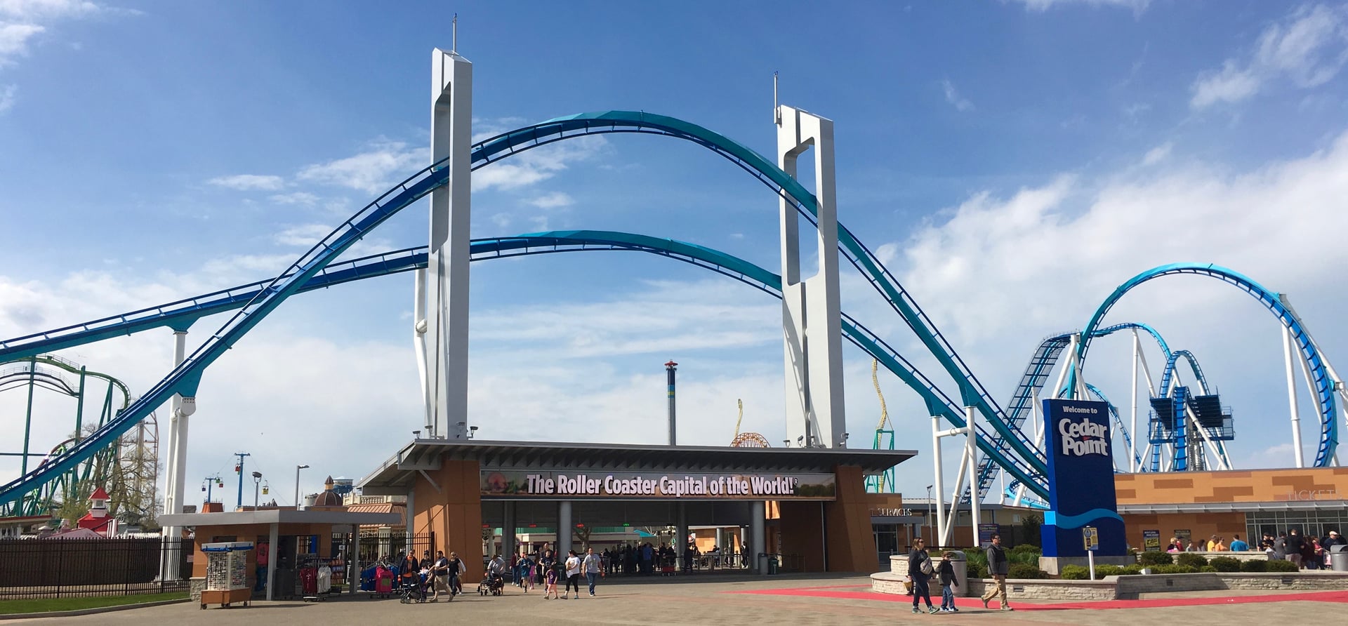 Cedar Point amusement park main entrance in Sandusky, Ohio, with the Gatekeeper roller coaster looping overhead