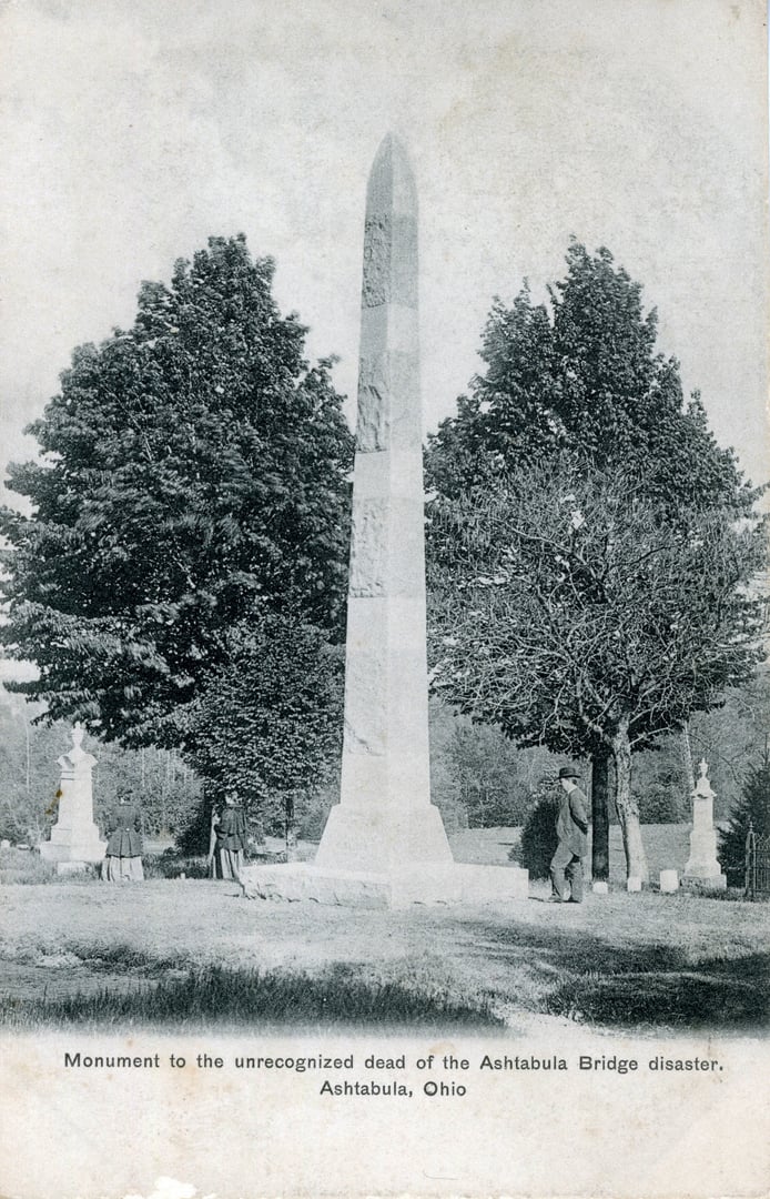 The granite obelisk monument to the unrecognized dead of the 1876 Ashtabula Bridge Disaster at Chestnut Grove Cemetery, Ashtabula, Ohio
