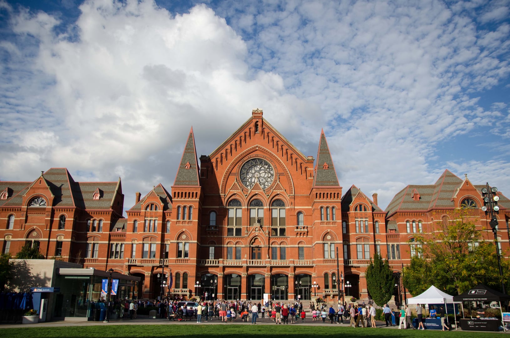 The Victorian Gothic facade of Cincinnati Music Hall on Elm Street after its 2017 renovation