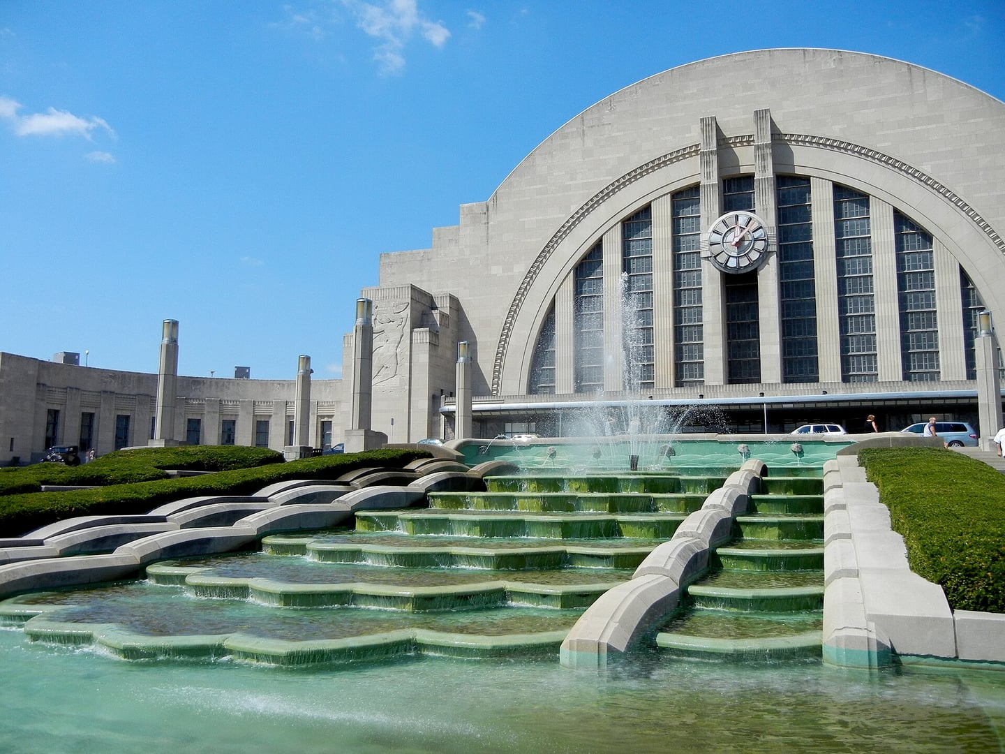 The principal Art Deco facade of Cincinnati Union Terminal at 1301 Western Avenue, Cincinnati, Ohio, now the Cincinnati Museum Center, photographed in 2011