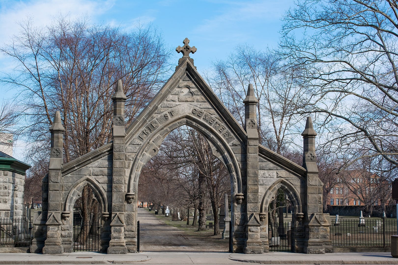 Entrance gate to Erie Street Cemetery in downtown Cleveland, Ohio, established in 1826 and the city's oldest cemetery.