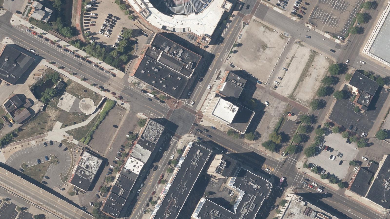 Aerial survey view of Evans Building (Henry Clark's Tavern Site)
