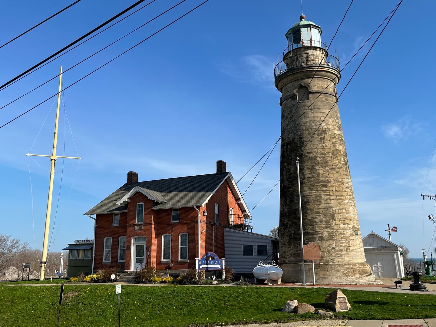 Sandstone tower of the 1871 Fairport Harbor Marine Museum and Lighthouse on Lake Erie in Fairport Harbor, Ohio