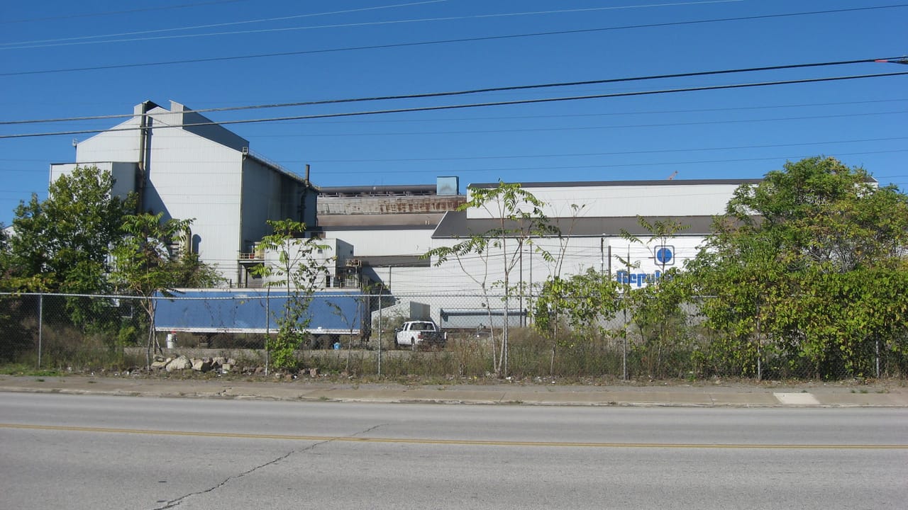 One of several steel mills at Lorain, Ohio, United States.  This one is viewed looking northward from E. 28th Street (State Route 57 at the Globe Street intersection.