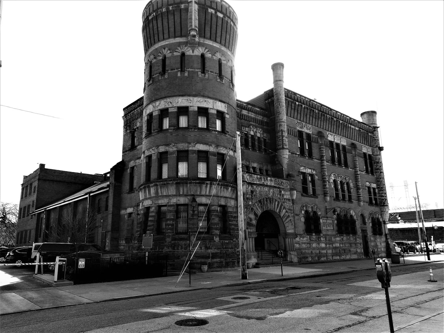 Exterior of Grays Armory at 1234 Bolivar Road in downtown Cleveland, Ohio, the 1893 Romanesque private militia armory and museum.