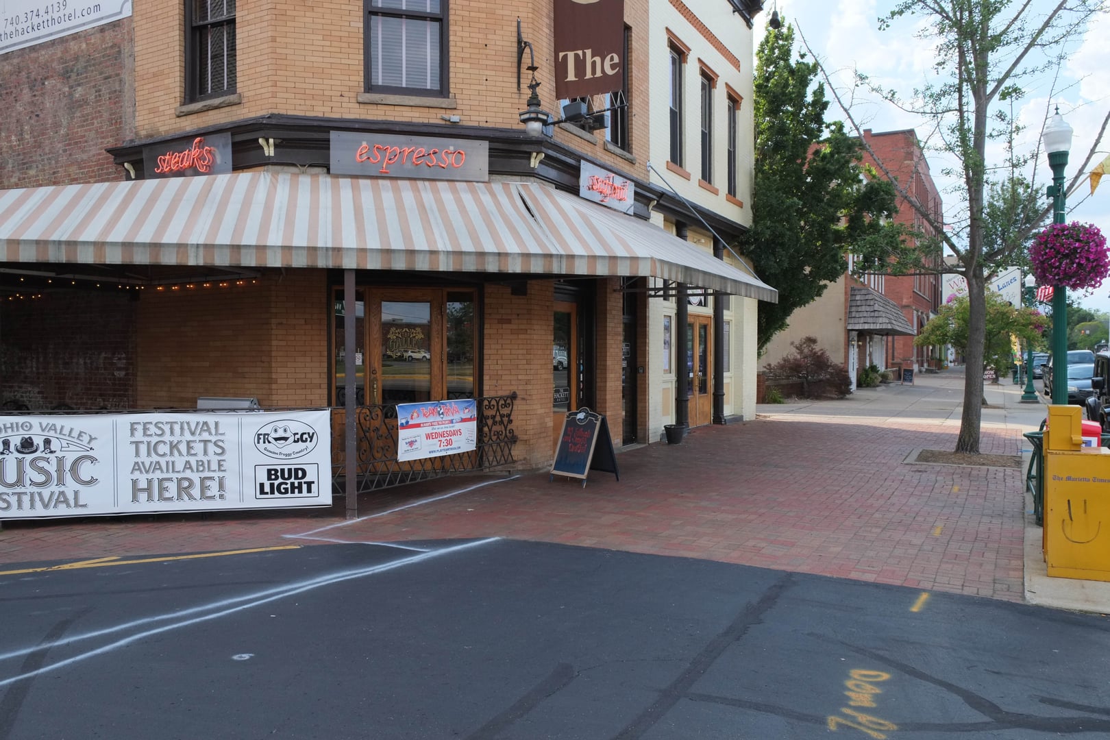 Storefront of The Hackett Hotel and Galley Restaurant on Second Street in downtown Marietta, Ohio