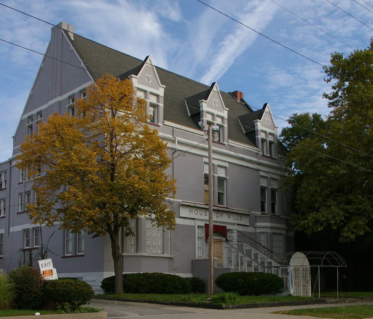 Exterior of the House of Wills on East 55th Street in Cleveland, Ohio, the former 1900 Gesangverein Hall and longtime Black-owned funeral home.