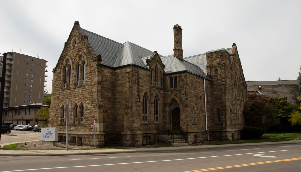 St. Paul's Sunday School and Parish House, 354 East Market Street, Akron, Summit County, Ohio - View south west showing north east face on the corner of East Market and Forge Streets.
